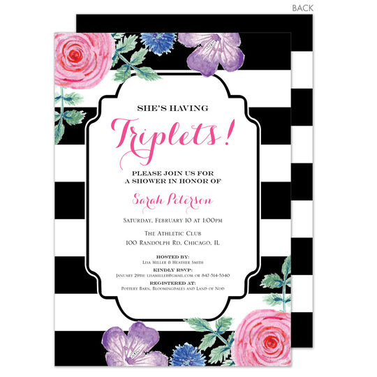 Black Vintage Flower Triplets Shower Invitations